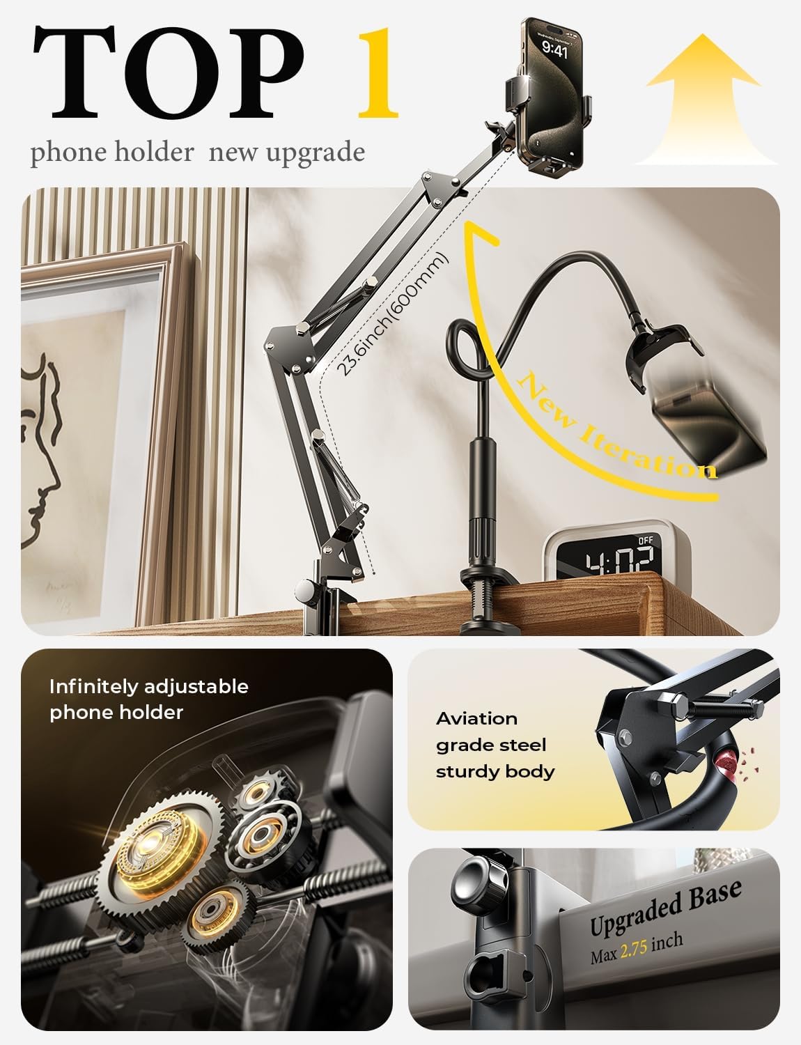 Lumitrex Flexible Gooseneck Phone Holder, 360° Adjustable Hands Free Cell Phone Stand for Bed, Desk, Kitchen & Content Creation